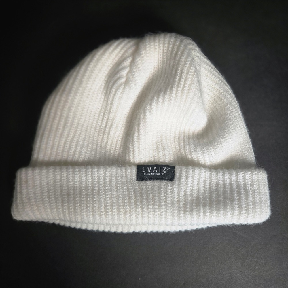 White Knit Beanie Hat Lvaiz Ribbed Cuffed Winter Cap Unisex Warm Skater OSFM